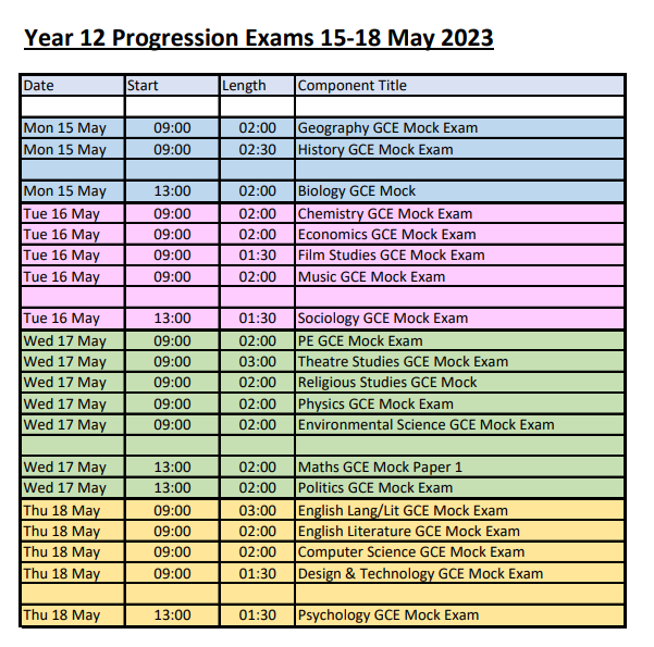 Year 12 exam timetable May 2023