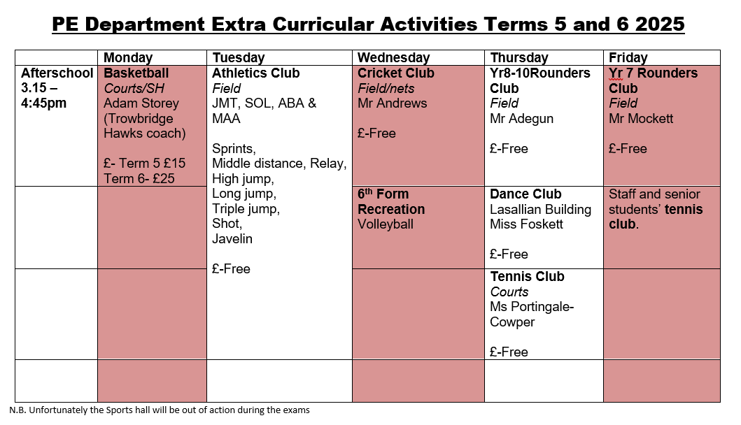 PE clubs Terms 5 and 6 Summer 2025